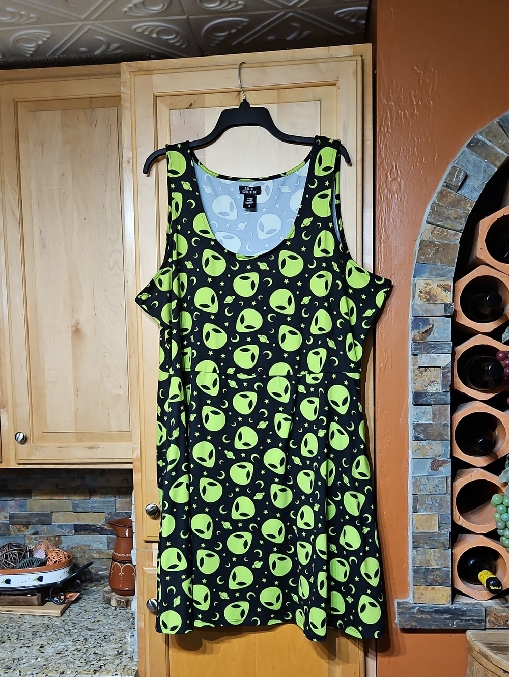 Hot Topic Social Collision Green Alien Skater Dress Black Green Space Print